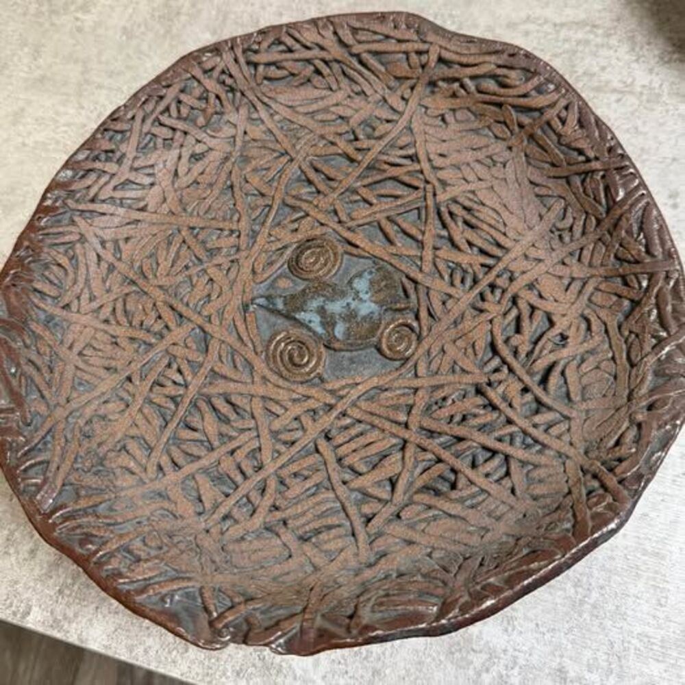 Signed Studio Art Pottery Footed Bowl / Platter – Handmade Abstract Fish Desig